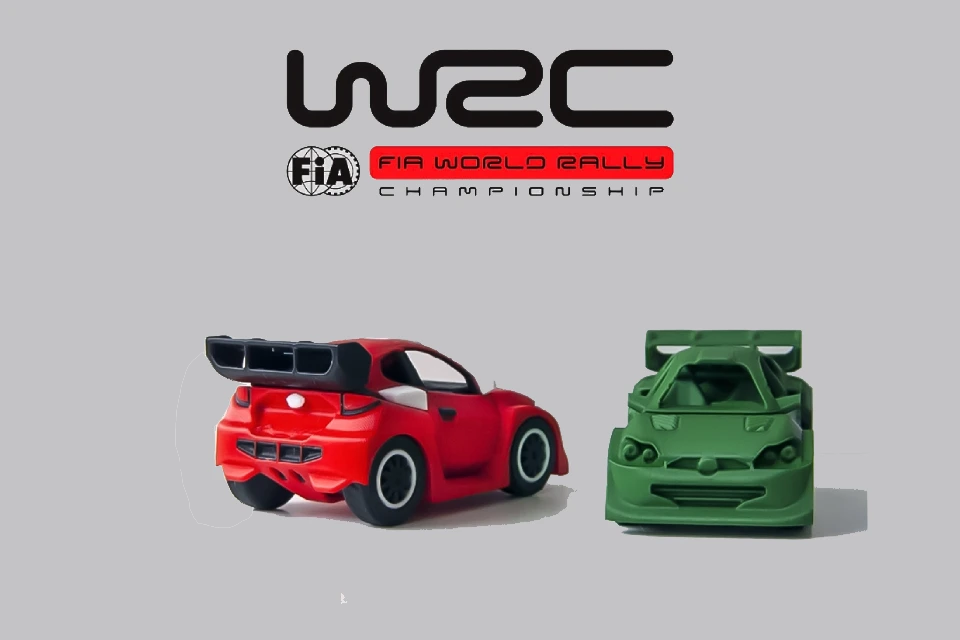 Two 3D-printed race cars promoting the World Rally Championship.