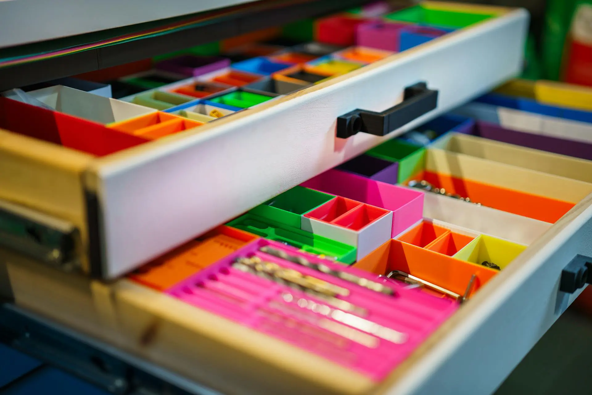 Organized drawer with colourful compartments for tool storage.